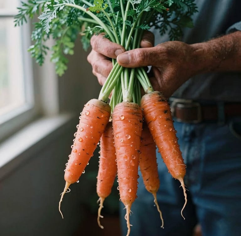 A close-up of a farmer's dirt-stained hands holding freshly harvested heirloom carrots with green tops, morning dew reflecting soft early light, rich forest tones, 35mm film.