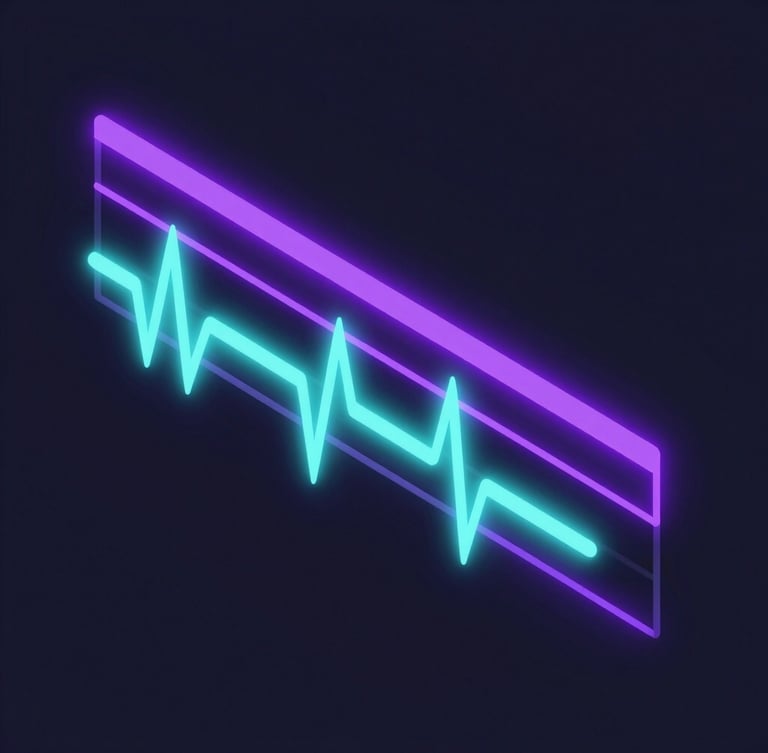 Isometric vector illustration of a digital video editing timeline with glowing cyan audio waves and neon violet cuts, dark slate background.