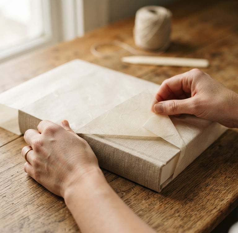 Close-up of a linen-bound book being wrapped in protective archival paper, soft natural window light, warm wood table, muted cream tones.