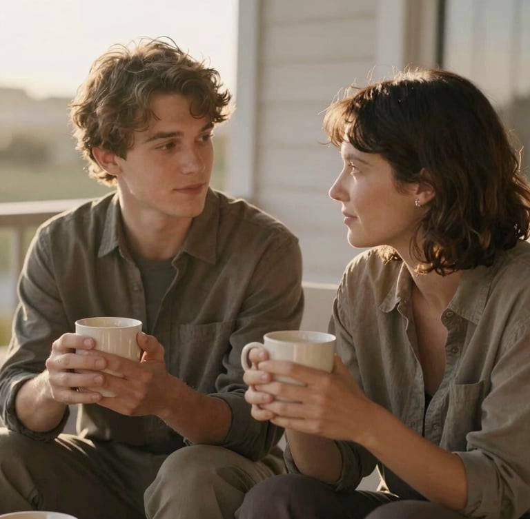 Intimate medium shot of a mother and her adult son sitting together on a patio, hands holding warm mugs, soft golden-hour light, shallow depth of field, muted earth tones.