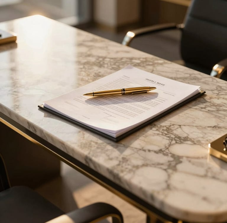 Close-up of a premium marble desk in a luxury Dubai office, a gold pen resting on official corporate documents, soft golden-hour light illuminating the scene, sharp focus, 35mm