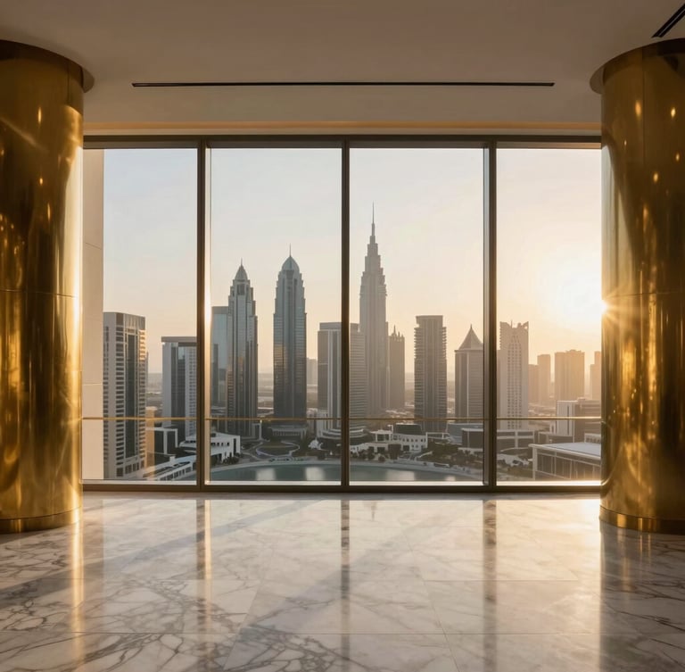 Minimalist luxury penthouse interior in Dubai, marble floors, brass accents, floor-to-ceiling windows showing distant skyscrapers, dramatic golden-hour lighting, sharp focus