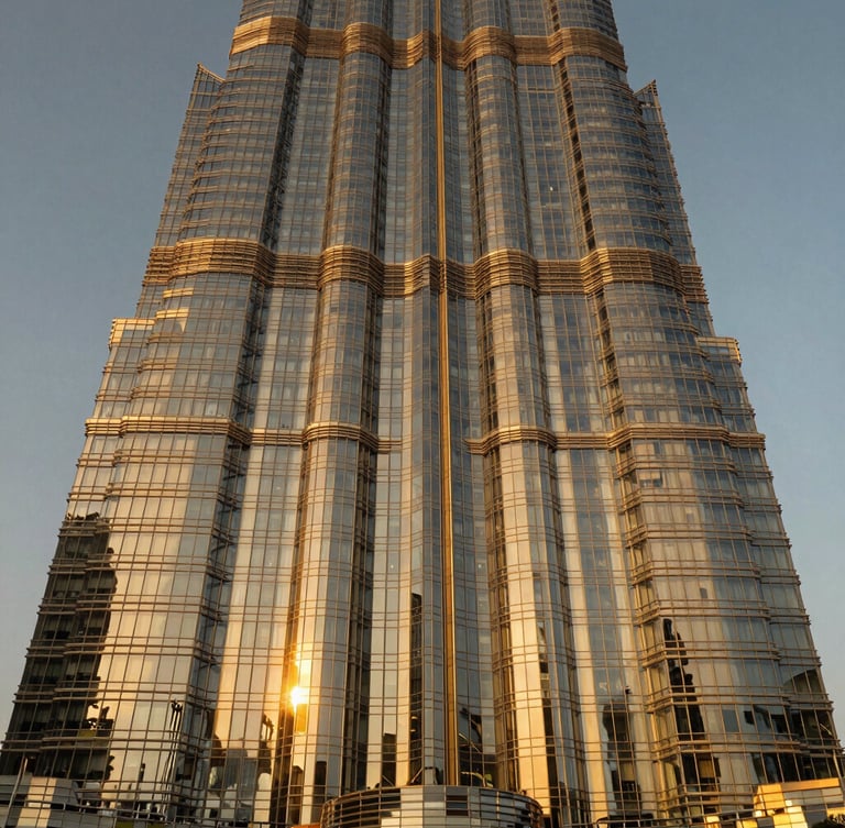 Symmetrical wide-angle architectural photograph of a soaring modern glass skyscraper in Dubai, dramatic golden-hour sunlight reflecting off the facade, warm metallic tones, sharp focus, 35mm