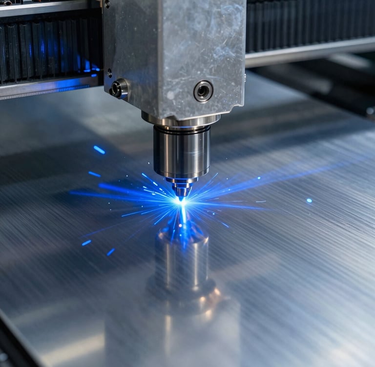 Macro close-up of a high-precision CNC laser cutting machine slicing through a pristine stainless steel sheet, intense cool blue sparks flying, high-contrast metallic reflections, sharp technical details, industrial studio lighting.