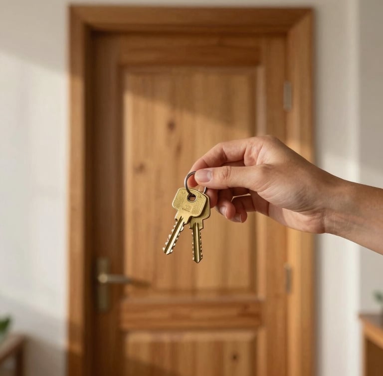 Warm morning light illuminating a clean, welcoming wooden doorway, hands holding a set of brass keys in the foreground, eye-level personal shot, shallow depth of field.