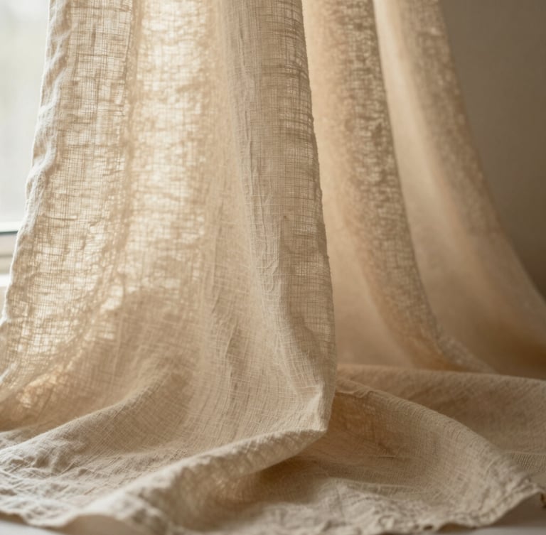 Close-up of soft beige linen fabric texture draped elegantly under warm diffused sunlight, quiet organic feel