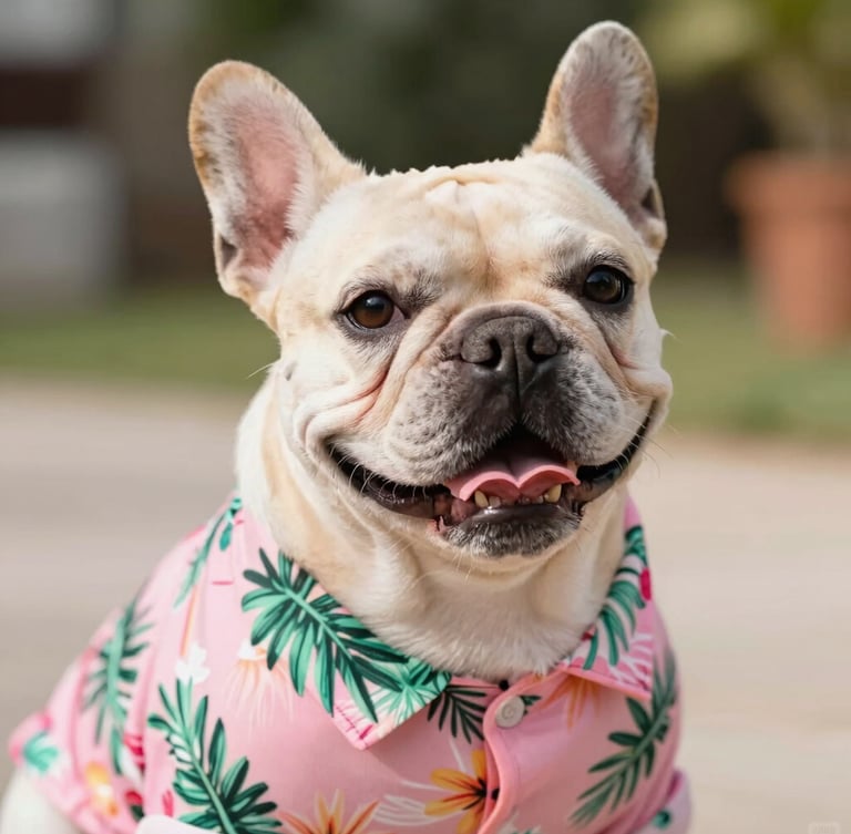 Close-up of a happy French Bulldog wearing a colorful pink and green tropical Hawaiian shirt, warm natural daylight, soft focus background