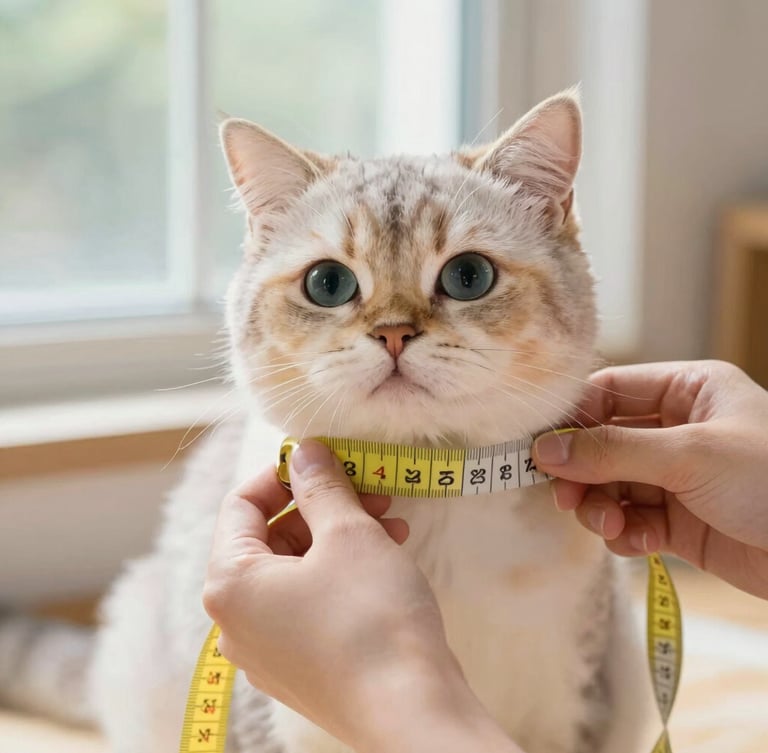Warm editorial pet photography, close-up of gentle hands holding a pastel yellow measuring tape around a fluffy cat's chest, soft natural window light, shallow depth of field