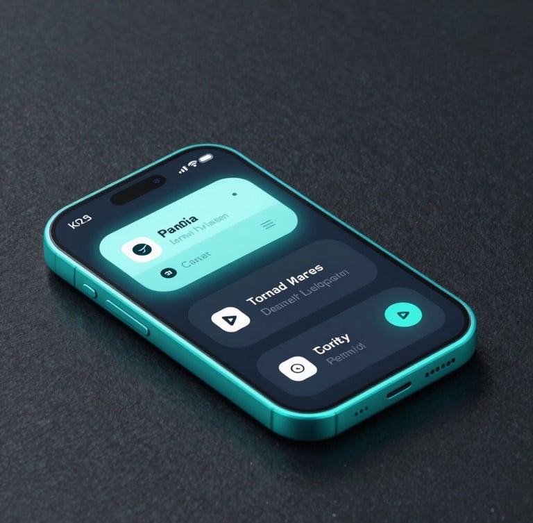 Isometric high-fidelity Android UI mockup on a dark slate background, cool-toned studio lighting with neon cyan glow, macro lens focus on interface details