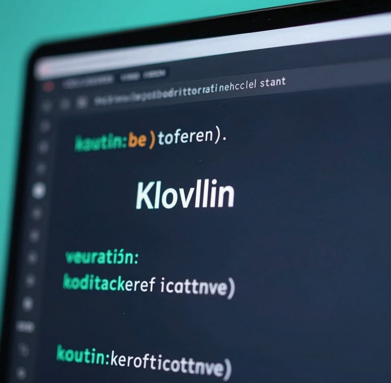 Macro shot of a high-resolution screen displaying clean Kotlin code, cool-toned studio lighting, deep slate and neon cyan accents.