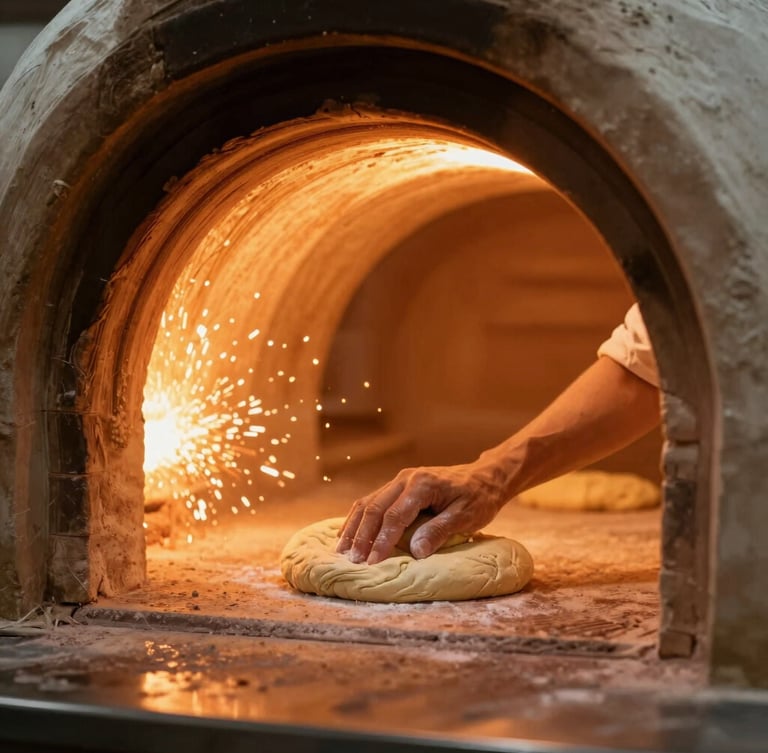 A master baker slapping raw dough onto the inner clay wall of a glowing, hot tandoor oven, sparks and warm amber light, close-up, 35mm