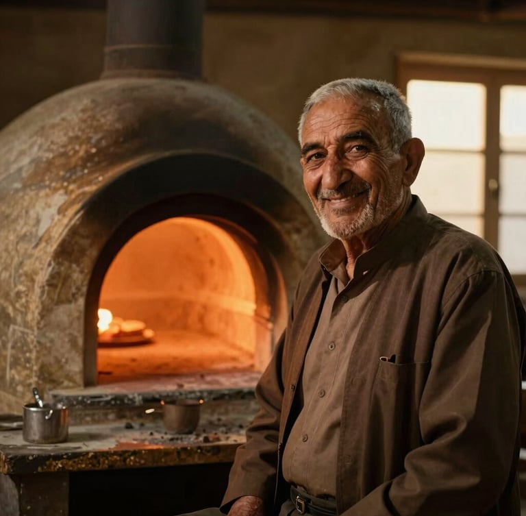 Warm environmental portrait of an elder Afghan baker smiling warmly beside a glowing tandoor oven, soft golden-hour window light, rich espresso tones, 35mm