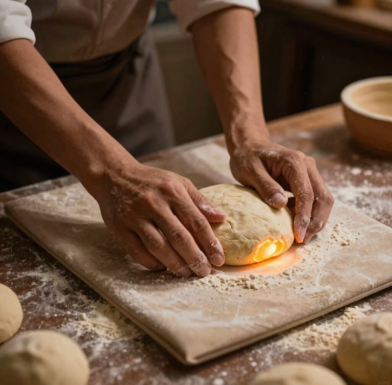 Close-up of baker hands placing raw dough onto a traditional cushion pad before pressing it into a glowing clay tandoor, warm dramatic lighting, flour dust catching the golden light