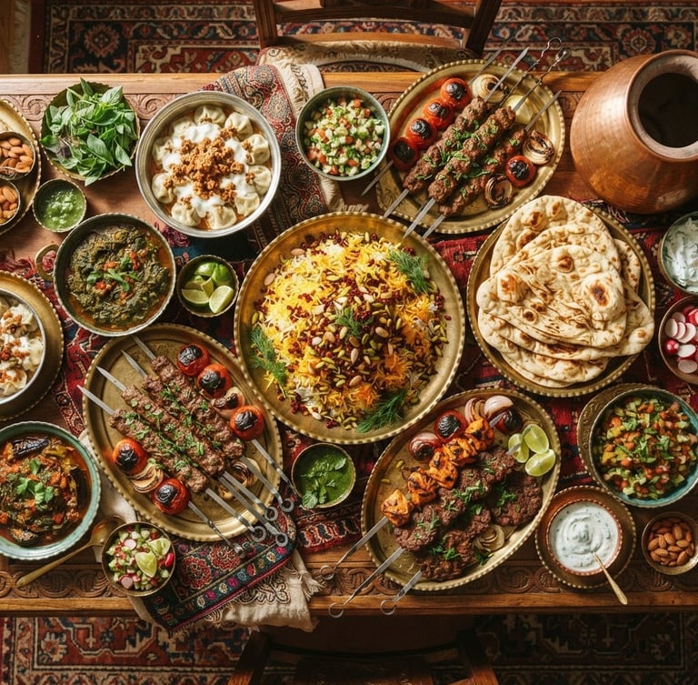 Overhead flat-lay of a luxurious Afghan catering spread with saffron rice, charcoal-grilled kebabs, and fresh flatbreads on brass platters, warm side-lighting.