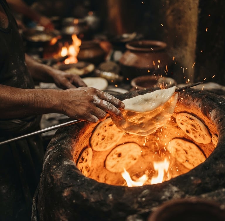 Warm editorial food photography, a baker's hands sliding raw dough onto the inner wall of a glowing clay tandoor, sparks and amber light, shallow depth of field, 35mm
