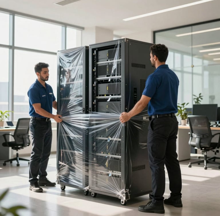 Wide shot of professional movers in matching uniforms carefully wrapping server racks in heavy-duty protective film inside an Abu Dhabi corporate office, bright natural daylight.