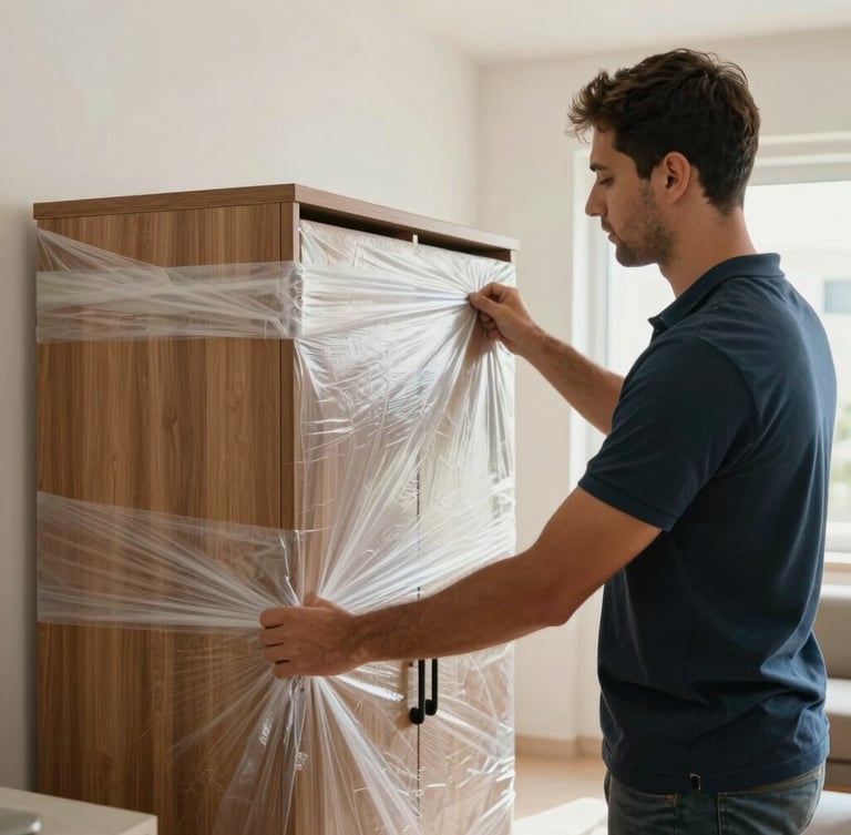 Medium shot of a professional mover wrapping a wooden cabinet in thick protective film and heavy-duty bubble wrap inside a bright Abu Dhabi room.