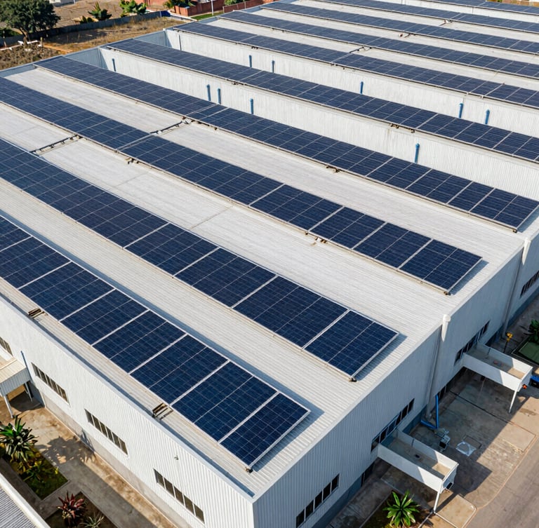 Wide architectural drone shot of a massive, perfectly aligned coplanar solar rooftop array on a modern factory in Chakan, bright midday sun, high contrast, clean industrial lines.