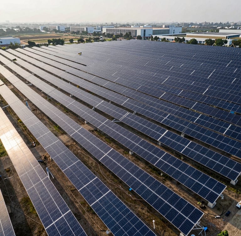 Wide architectural drone shot of a massive, perfectly aligned coplanar solar array on a modern commercial IT park in Hinjawadi, sharp morning light, high contrast, clean wiring visible.