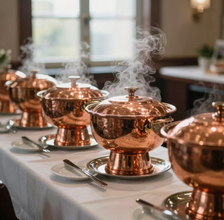 Warm editorial food photography of elegant corporate buffet setups, polished copper serving dishes with steam rising, rich saturated colors, 35mm.
