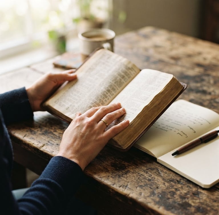 Hands holding an open Bible on a rustic wooden table with a notebook nearby, warm morning sunlight, shallow depth of field, 35mm