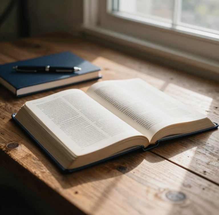 An open Bible on a rustic wooden table, soft morning light streaming through a window, a notebook and a pen nearby, warm cream and navy tones, editorial style