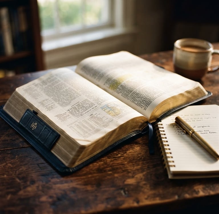 An open heavy study Bible on a dark wooden table, warm sunlight illuminating the pages, a notebook and pen nearby, shallow depth of field, 35mm photography