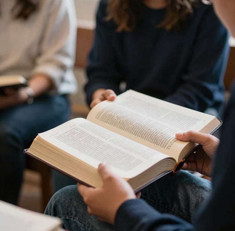A close-up of hands holding a Bible open during a study group, warm ambient indoor light, focused and reverent atmosphere, 35mm