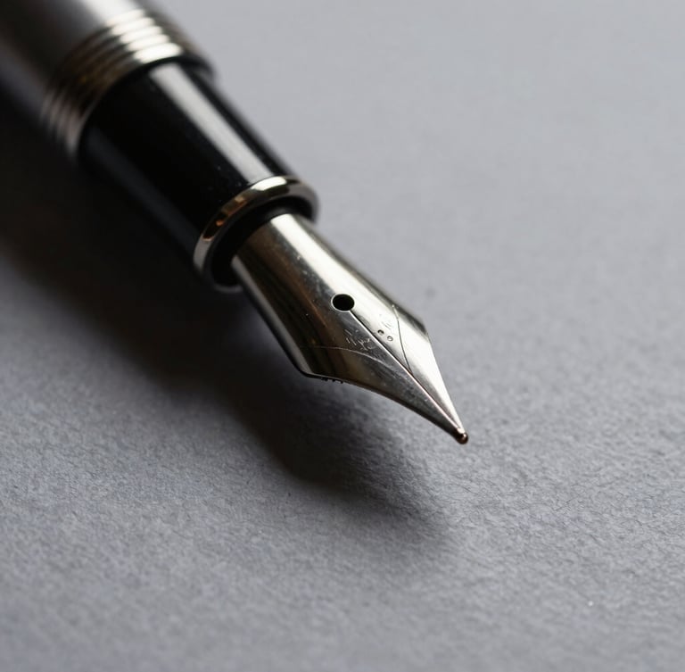 Macro close-up of a fountain pen nib on heavy textured paper, sharp side-lighting, deep charcoal shadows, 50mm lens