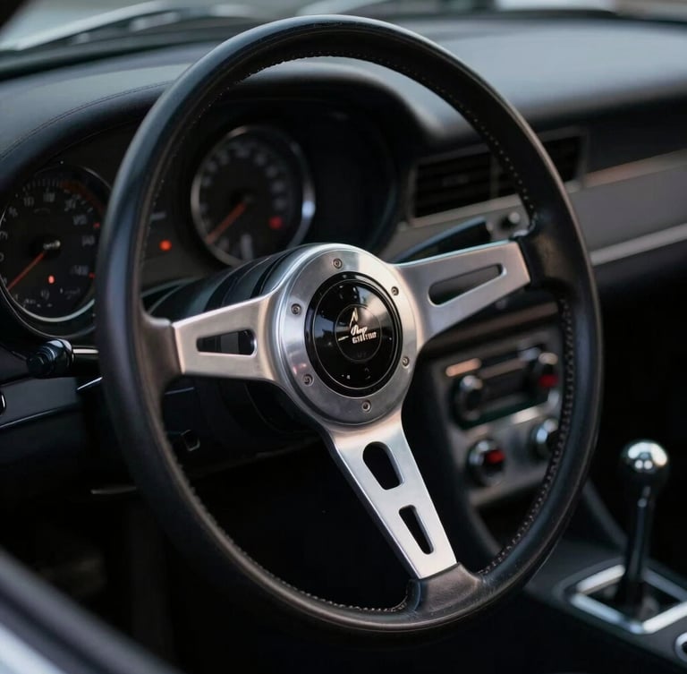 Macro close-up of a vintage steering wheel and polished silver dashboard of a classic sports car, moody studio lighting, deep shadows