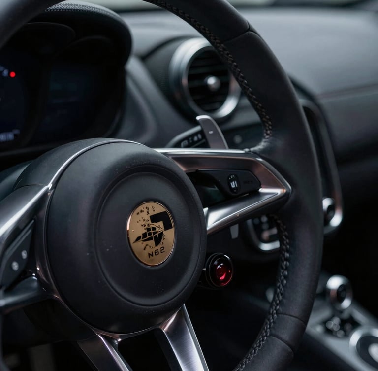 Tight macro portrait shot of a luxury sports car steering wheel and brushed silver dashboard details, low-key dramatic lighting, sharp focus