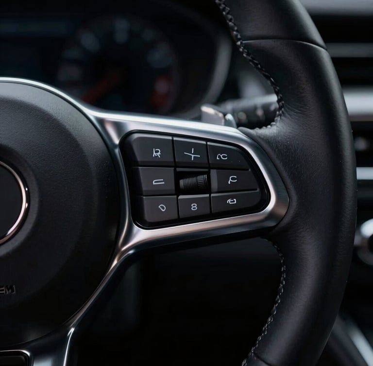 Macro close-up of a luxury car steering wheel, brushed silver trim, dramatic studio lighting, deep shadows