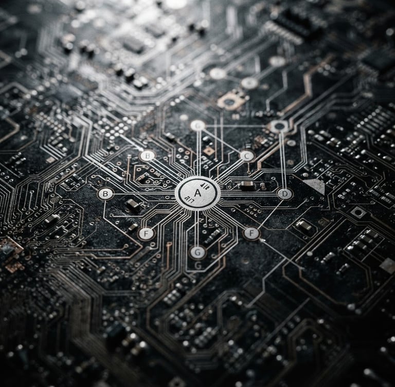 Macro crop of a dark, high-contrast node-based system diagram, sharp low-key studio lighting, deep charcoal and silver tones, macro depth of field.