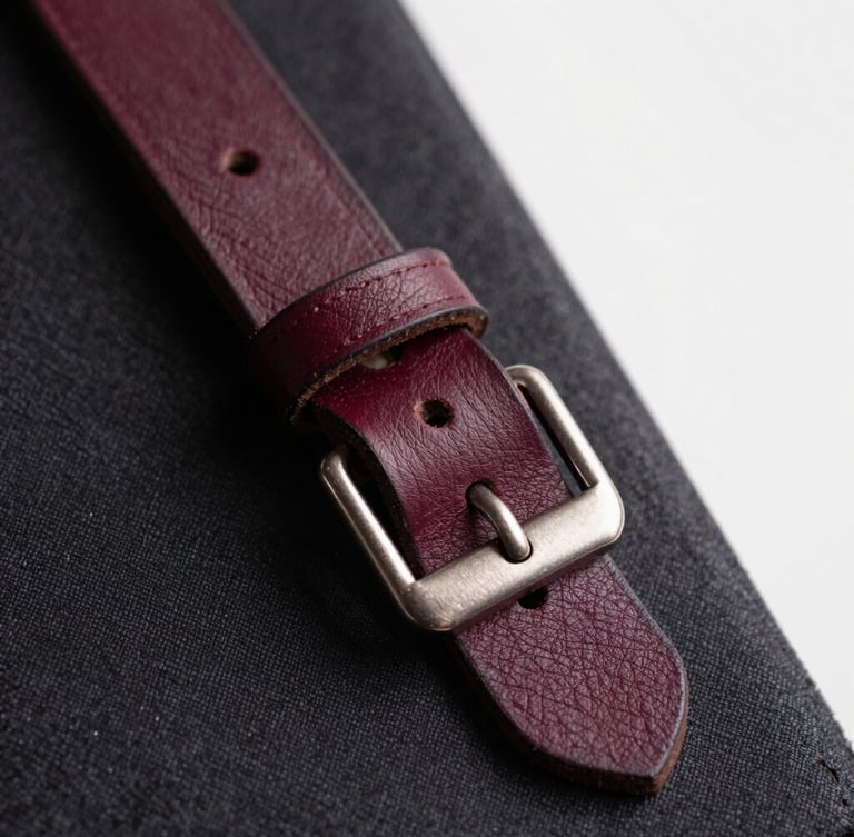 Close-up of hand-finished leather straps and metallic buckles on a dark textured fabric background, dramatic side lighting, rich shadows