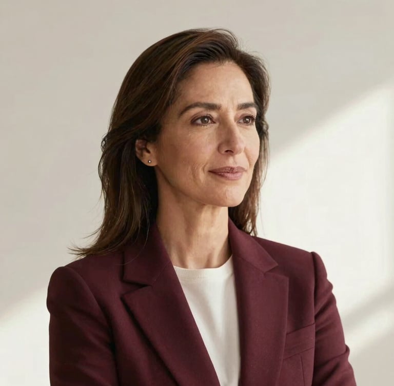 Portrait of elegant female founder Silvia Rosas in her late 40s, professional neutral attire, soft natural side-light, clean architectural background, warm editorial tones.