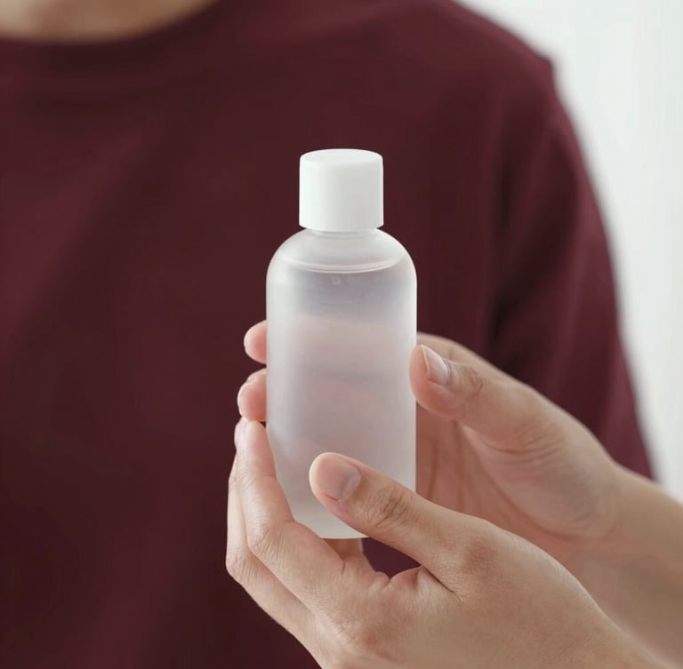 Soft focus portrait of hands gently holding a clean, transparent bottle filled with clear gel, natural morning light, minimalist aesthetic