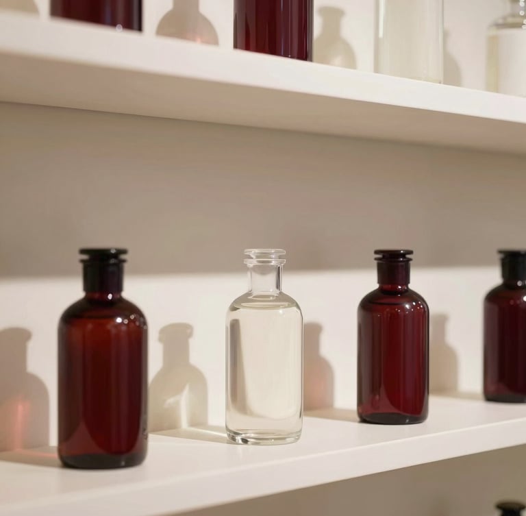 A clean, minimalist retail display shelf with soft botanical elements, structured shadows, and elegant glass bottles under diffused warm lighting.