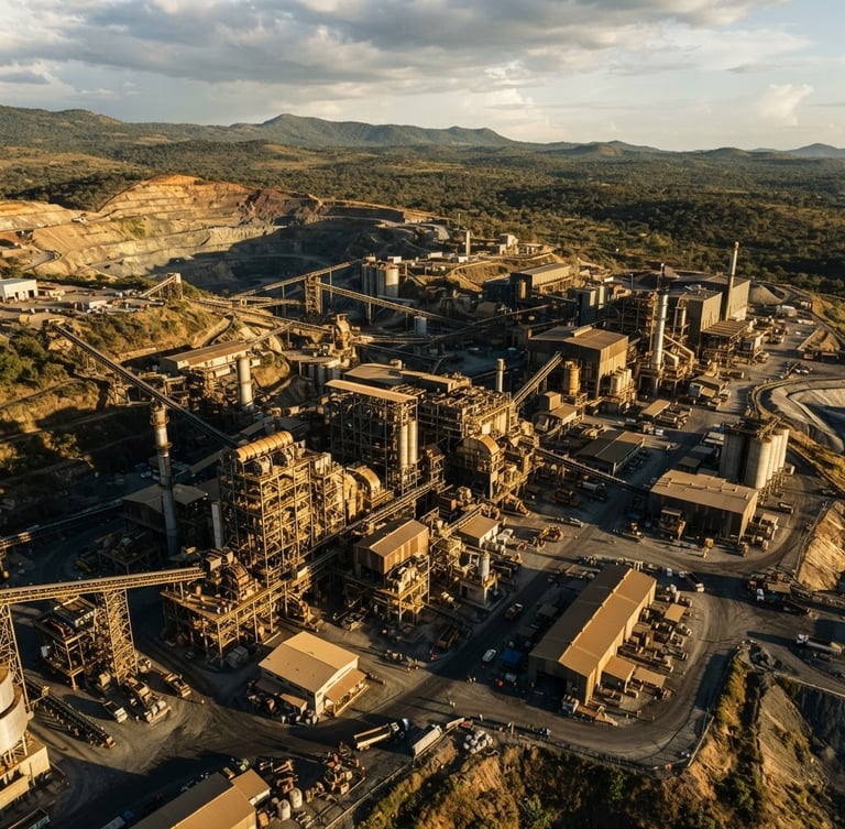 Wide-angle aerial shot of a massive modern mineral processing facility in Bunia, dramatic natural sunlight, deep shadows, rich gold and charcoal tones, 35mm