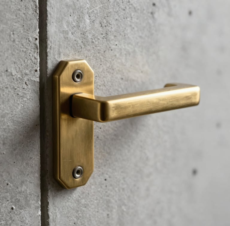 Extreme close-up of a heavy milled brass sliding door handle mounted on a raw concrete wall, dramatic side lighting, sharp metallic grain