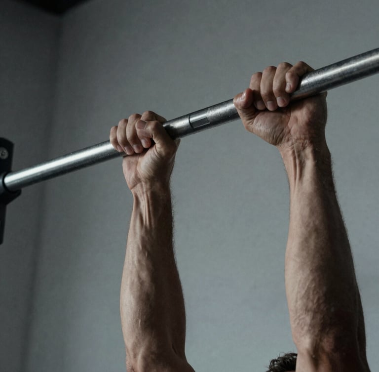 Close-up of a male athlete's hands gripping a steel pull-up bar, high-contrast cool-toned lighting, minimalist home workout setup.