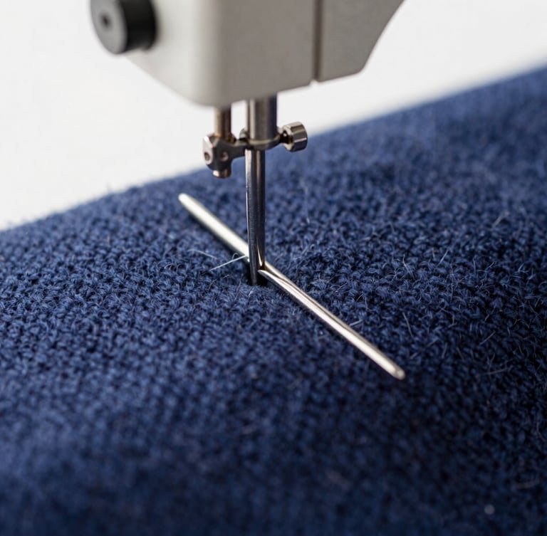 Macro close-up of a silver sewing machine needle gliding precisely through heavy navy blue wool fabric, bright natural side light, shallow depth of field