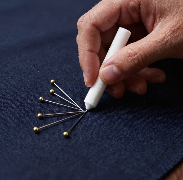 Macro close-up of a tailor's hands marking dark navy wool fabric with white chalk, brass pins neatly arranged nearby, soft side lighting highlighting the textile texture