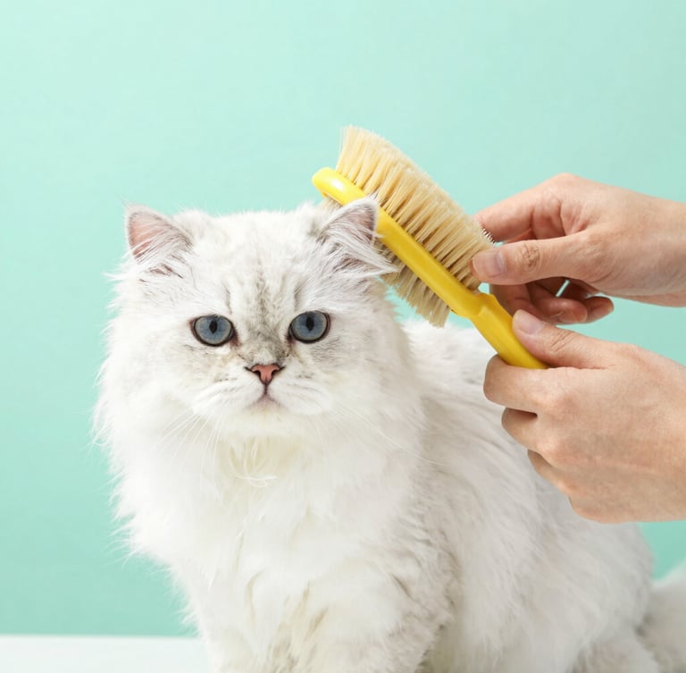 Close-up of gentle groomer hands using a soft brush on a clean, fluffy white Persian cat, bright pastel mint backdrop, soft studio light