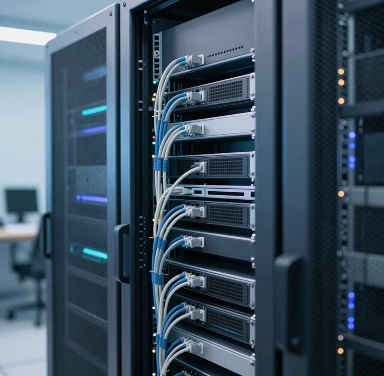 Close-up of clean server racks with soft blue ambient glow, organized cables, high-trust corporate tech environment, 35mm lens