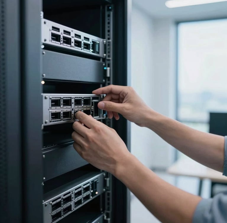 Hands of an IT professional configuring network hardware in a clean minimalist server room, daylight through window, 35mm lens