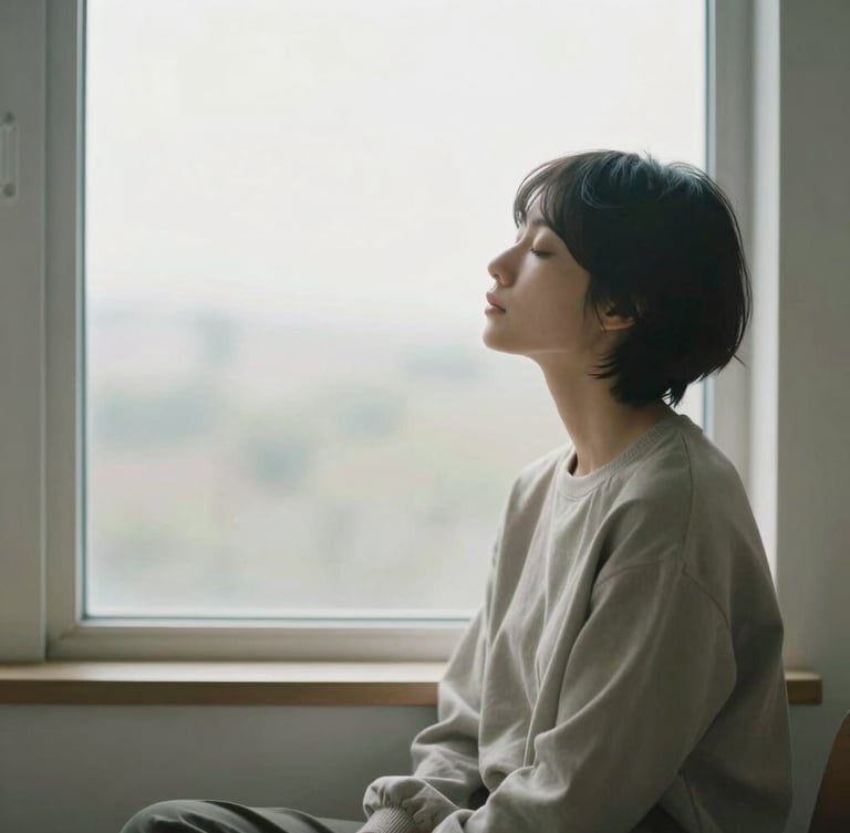 A side profile of a person sitting quietly by a large window, eyes closed in calm reflection, soft overcast daylight illuminating their face, desaturated sage tones, minimalist setting.