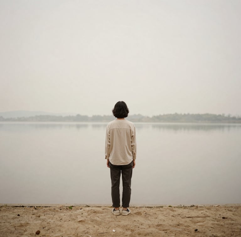 An outdoor setting with soft diffused overcast daylight, a person standing peacefully near a calm lake, muted earth tones, minimalist editorial photography