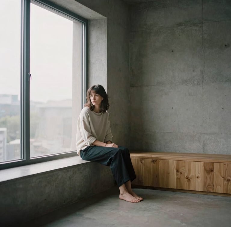 A woman sitting quietly by a large window with soft morning daylight, minimalist concrete and oak room, desaturated tones, 35mm photograph
