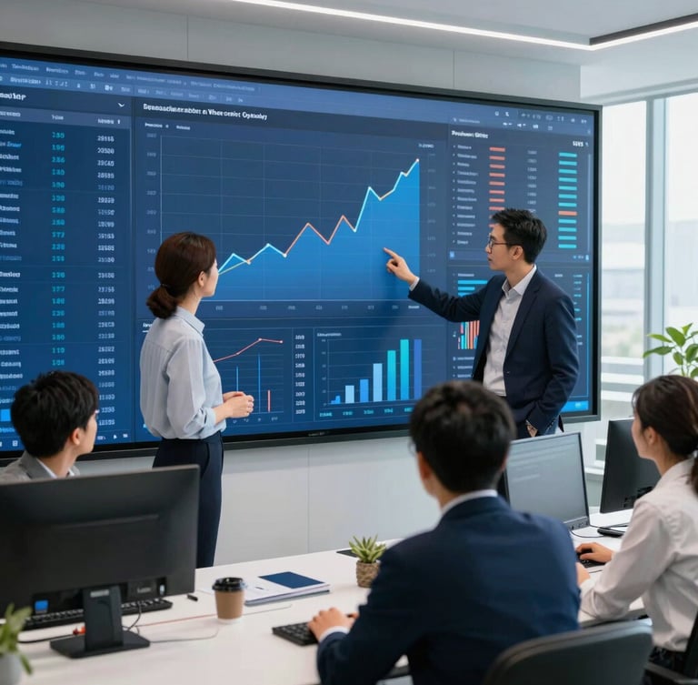 Modern corporate team collaborating around a large digital dashboard, focused on financial data, bright natural office light, deep blues and cool tones, sharp focus, 35mm lens, wide shot showing a modern, structured workspace