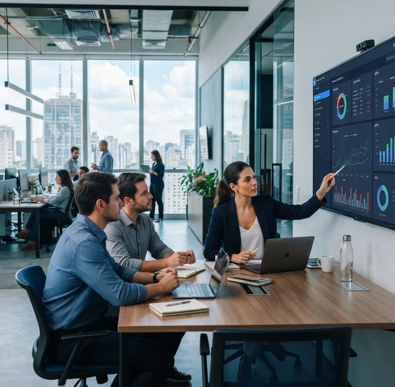 Modern corporate workspace in São Paulo, collaborative financial planning session around a large screen displaying financial dashboards, bright natural daylight, cool tones, sharp focus, 35mm lens, a professional analyzing data in the right third, expansive modern office interior to the left.